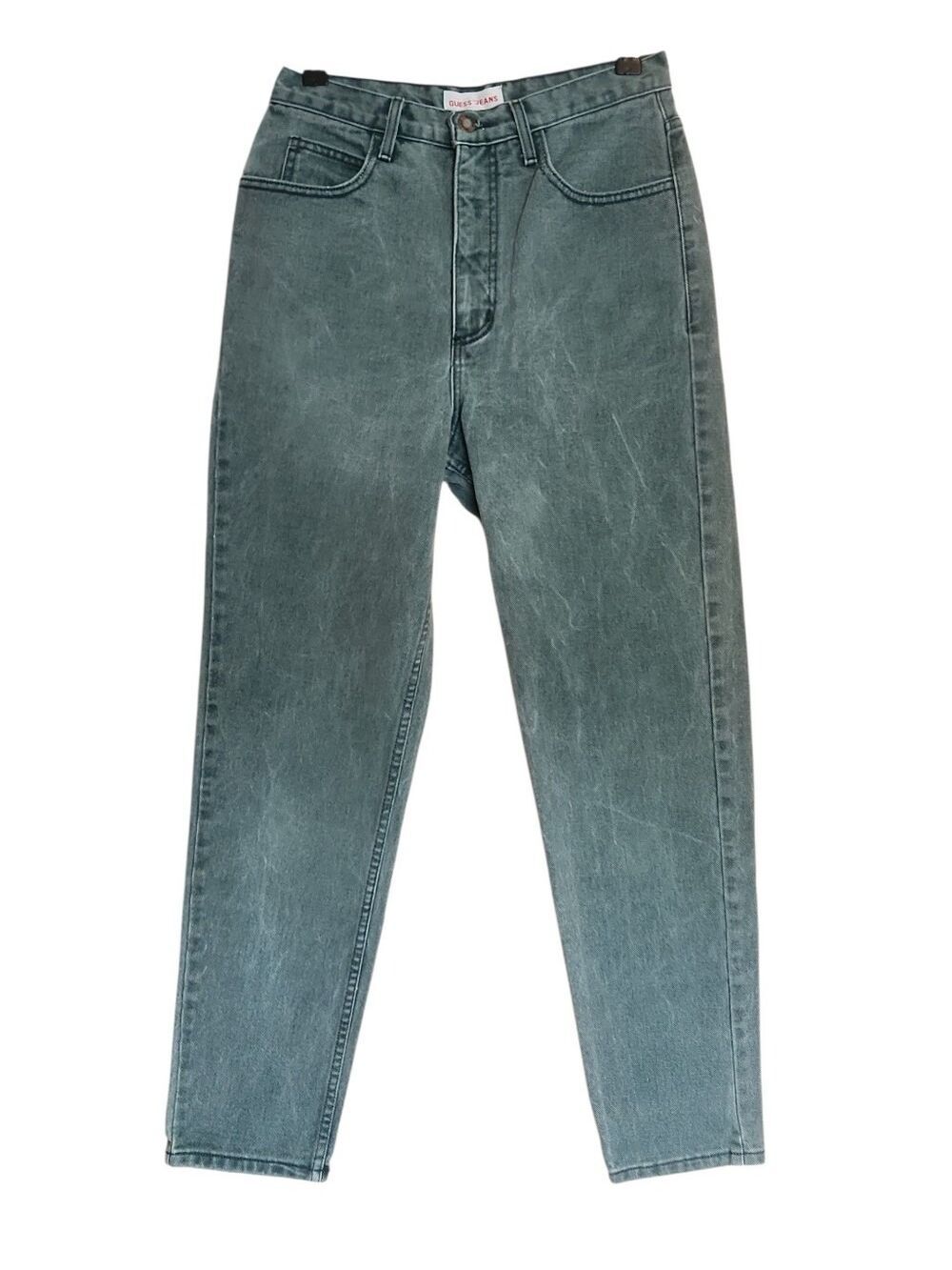 RARE VINTAGE GUESS JEANS GREEN ACID WASH HIGH RISE MOM JEAN MADE IN USA 31 / 28
